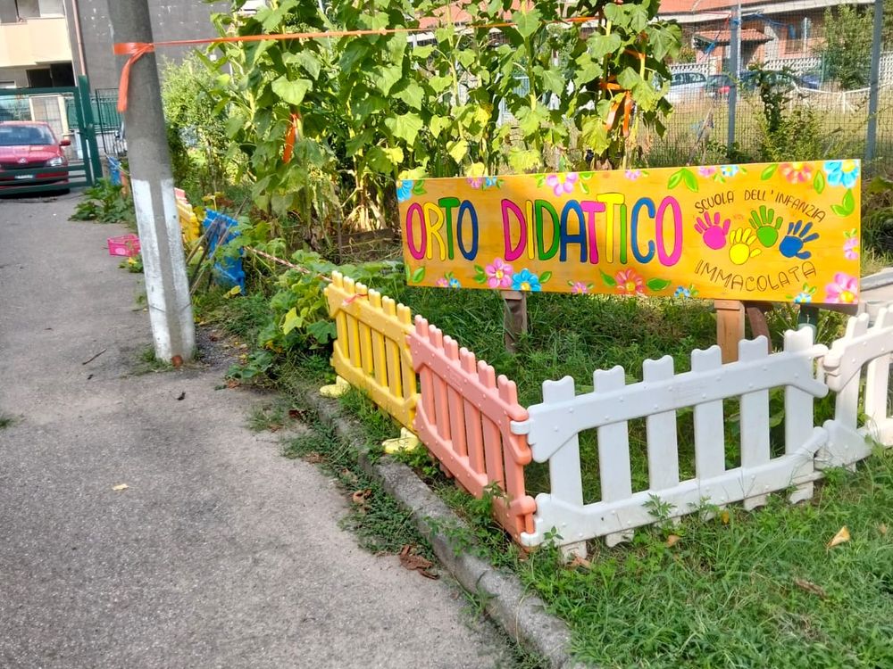 L'orto didattico della scuola, con il cartello dipinto dai bambini e i girasoli